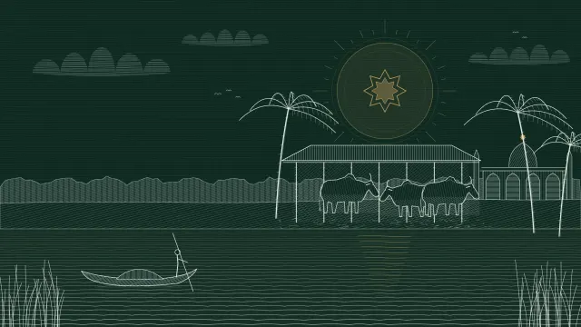 An engraved riverside farm at dusk: cattle graze by the water beside a pointed-arch pavilion under an eight-point star.